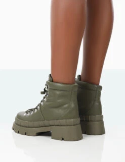 Hike There Khaki Pu Lace Up Chunky Sole Winter Boots -Boots Store 771A1554