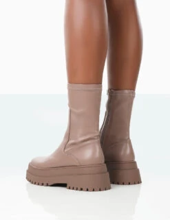 Rusty Mocha Pu Chunky Sole Platform Sock Ankle Boots -Boots Store 771A1567