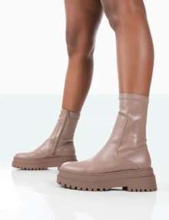 Rusty Mocha Pu Chunky Sole Platform Sock Ankle Boots -Boots Store 771A1568