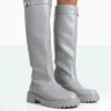 More Fun Wide Fit Grey Pu Round Toe Chunky Sole Knee High Boots