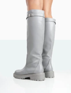 More Fun Grey PU Round Toe Chunky Sole Knee High Boots -Boots Store 771A1739