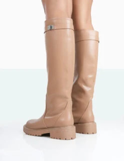 More Fun Caramel PU Round Toe Chunky Sole Knee High Boots -Boots Store 771A1743