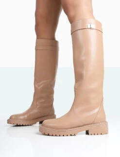 More Fun Caramel PU Round Toe Chunky Sole Knee High Boots -Boots Store 771A1744