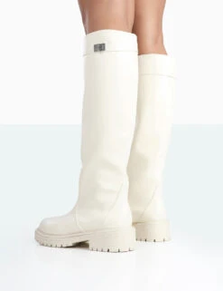 More Fun Ecru PU Round Toe Chunky Sole Knee High Boots -Boots Store 771A1748