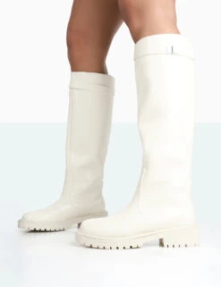 More Fun Ecru PU Round Toe Chunky Sole Knee High Boots -Boots Store 771A1749