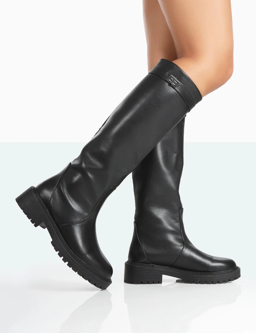 More Fun Black Pu Round Toe Chunky Sole Knee High Boots 2 More Fun Black Pu Round Toe Chunky Sole Knee High Boots - Image 2