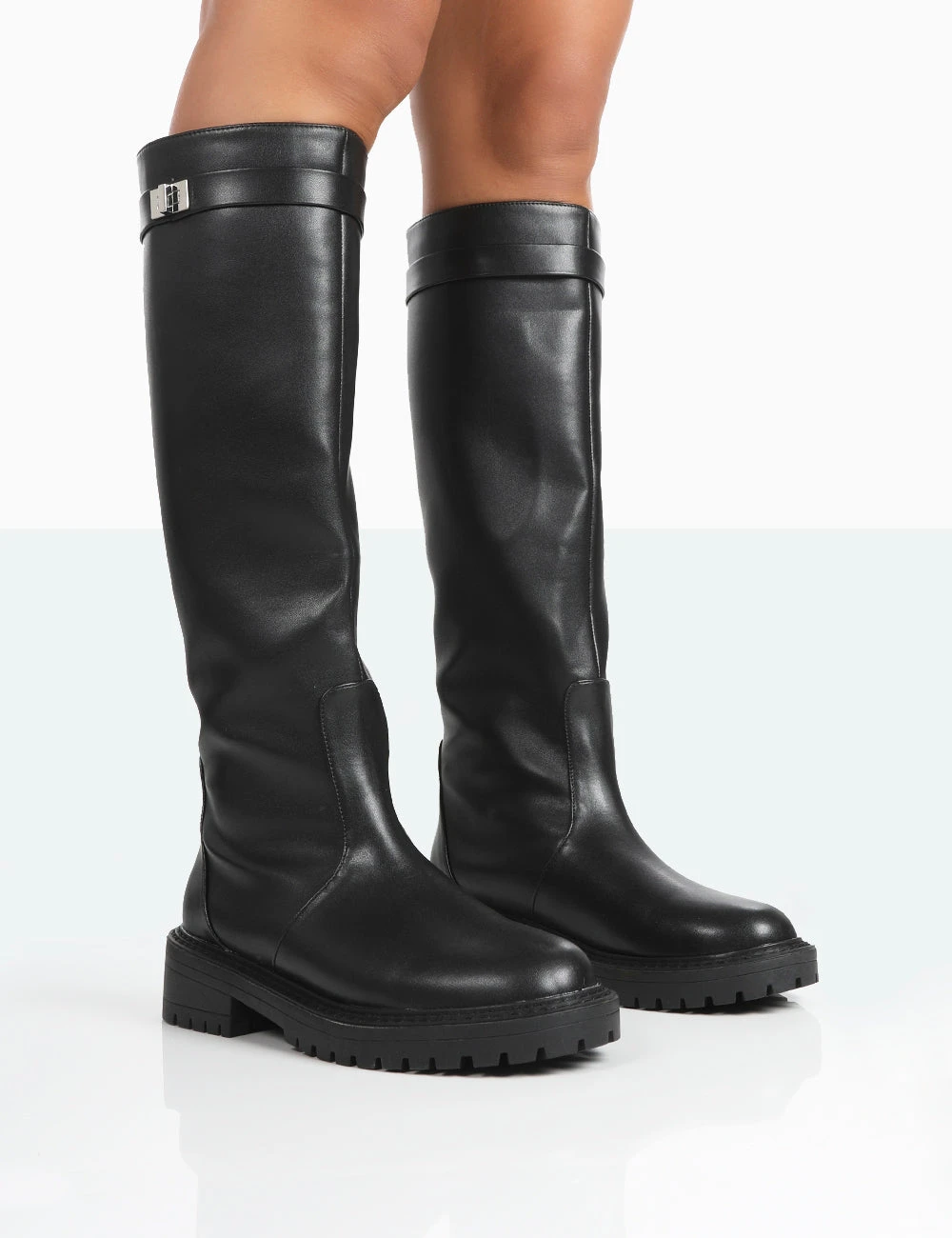 More Fun Black Pu Round Toe Chunky Sole Knee High Boots 1 More Fun Black Pu Round Toe Chunky Sole Knee High Boots