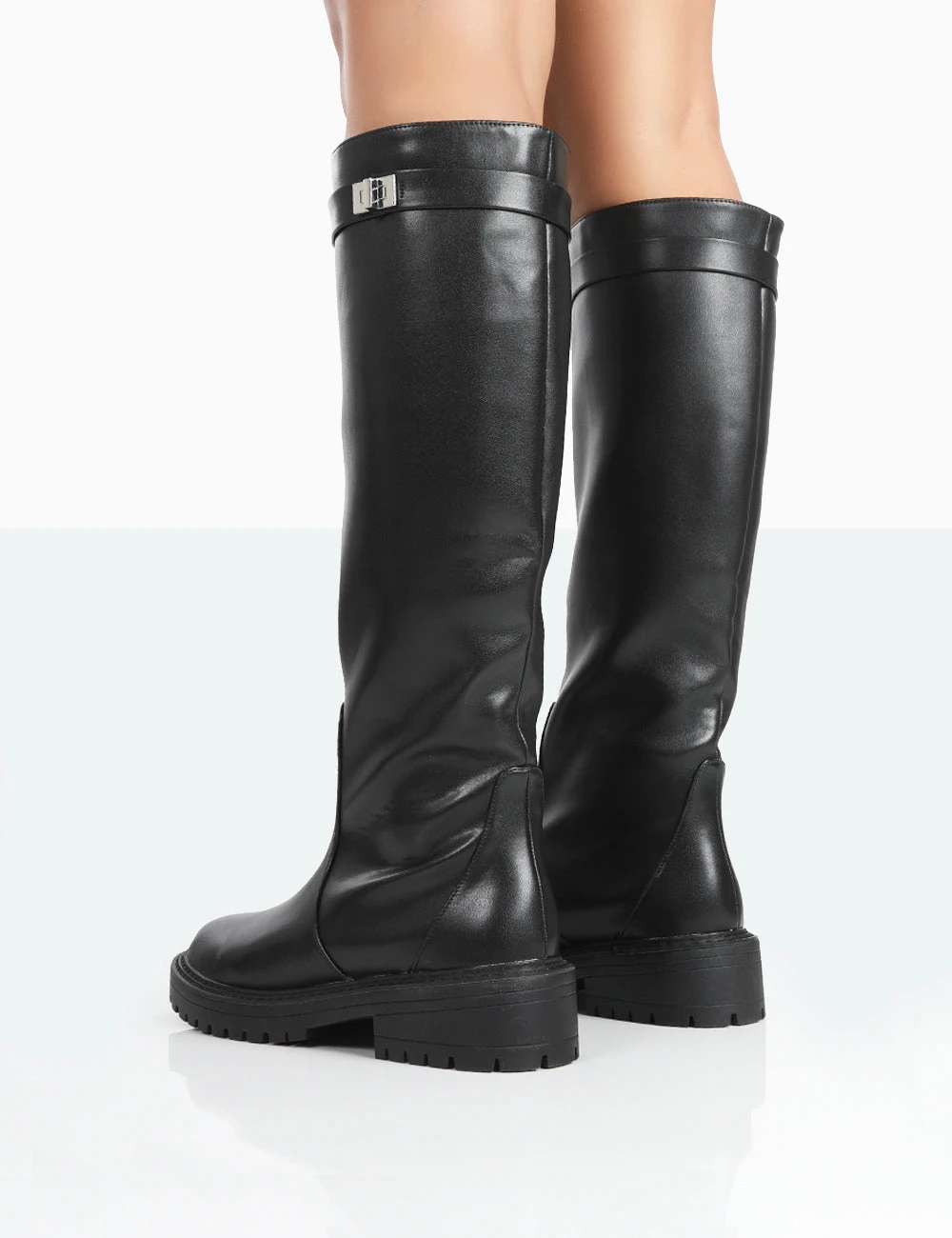More Fun Black Pu Round Toe Chunky Sole Knee High Boots 3 More Fun Black Pu Round Toe Chunky Sole Knee High Boots - Image 3