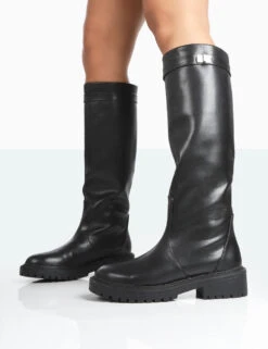 More Fun Black Pu Round Toe Chunky Sole Knee High Boots 7 More Fun Black Pu Round Toe Chunky Sole Knee High Boots -Boots Store 771A1753