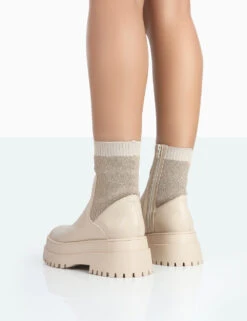 Paloma Nude Boucle Knit Platform Chunky Sole Sock Ankle Boots -Boots Store 771A1756