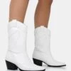 Howdy White Pu Pointed Toe Western Cowboy Block Ankle Boots