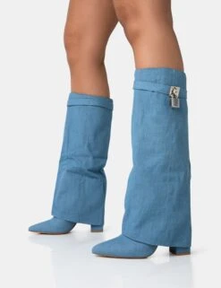 Echo Blue Denim Padlock Detail Fold Over Pointed Toe Knee High Boots 7 Echo Blue Denim Padlock Detail Fold Over Pointed Toe Knee High Boots -Boots Store 771A2225