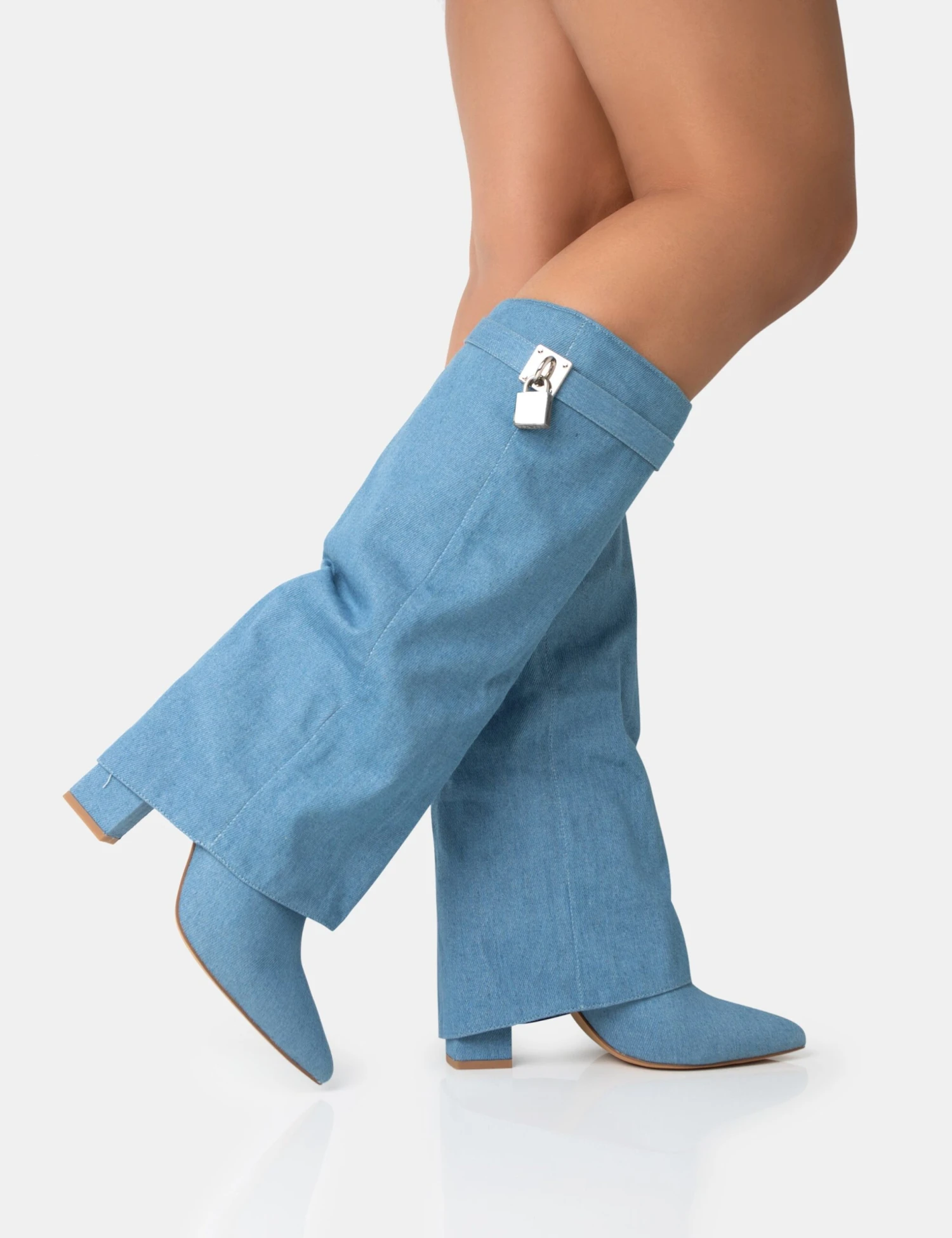 Echo Blue Denim Padlock Detail Fold Over Pointed Toe Knee High Boots 2 Echo Blue Denim Padlock Detail Fold Over Pointed Toe Knee High Boots - Image 2