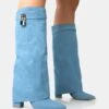 Echo Blue Denim Padlock Detail Fold Over Pointed Toe Knee High Boots