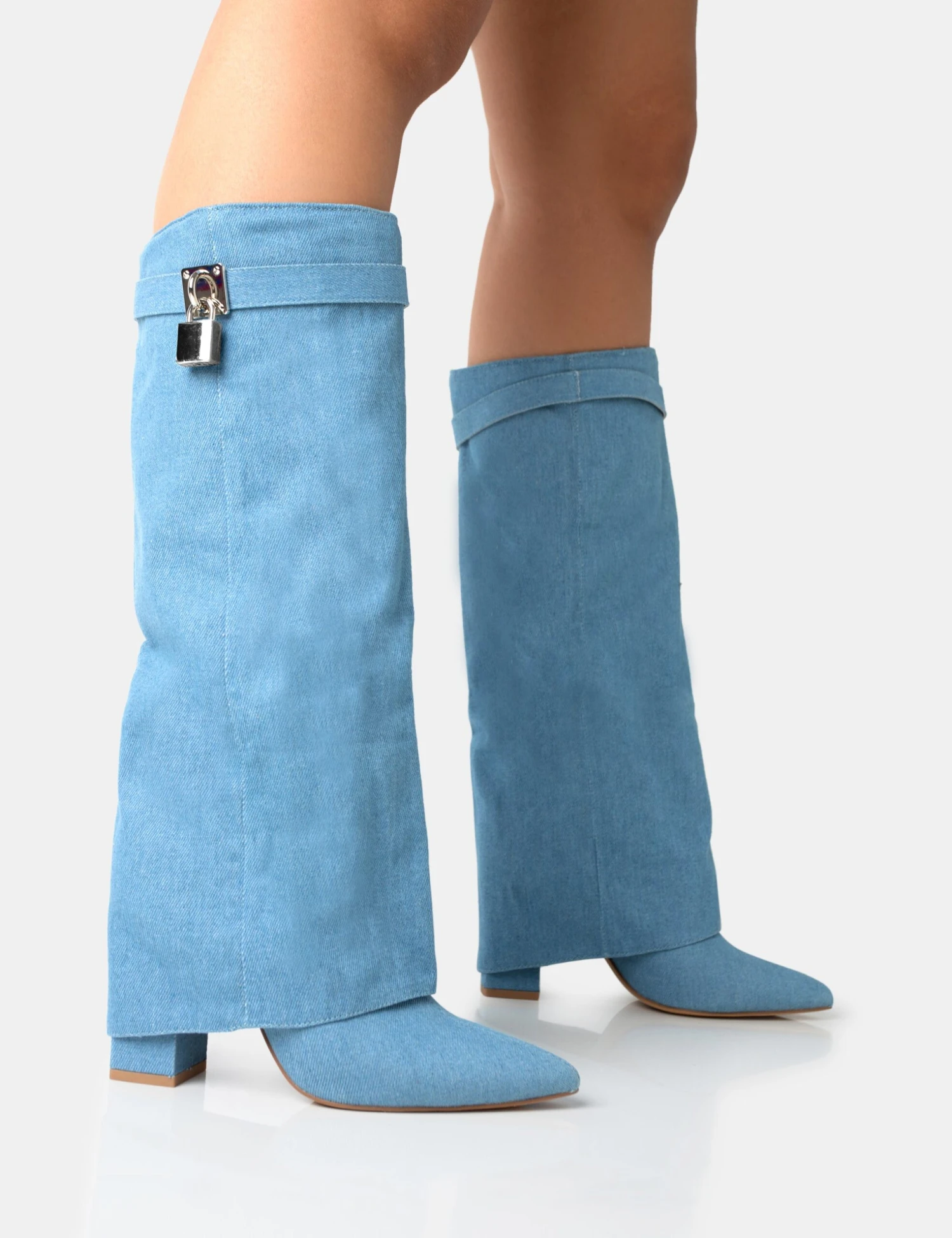 Echo Blue Denim Padlock Detail Fold Over Pointed Toe Knee High Boots 1 Echo Blue Denim Padlock Detail Fold Over Pointed Toe Knee High Boots