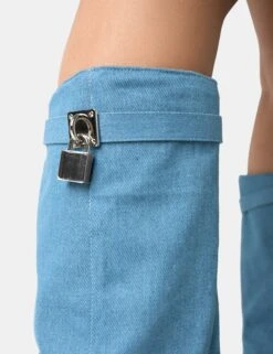Echo Blue Denim Padlock Detail Fold Over Pointed Toe Knee High Boots 8 Echo Blue Denim Padlock Detail Fold Over Pointed Toe Knee High Boots -Boots Store 771A2229