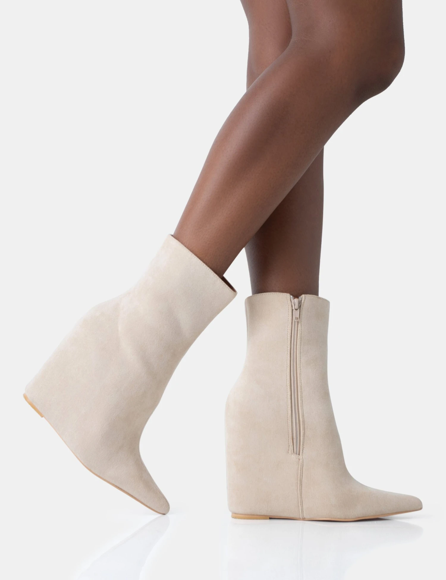 Getaway Beige Faux Suede Wedged Heeled Ankle Boot 2 Getaway Beige Faux Suede Wedged Heeled Ankle Boot - Image 2