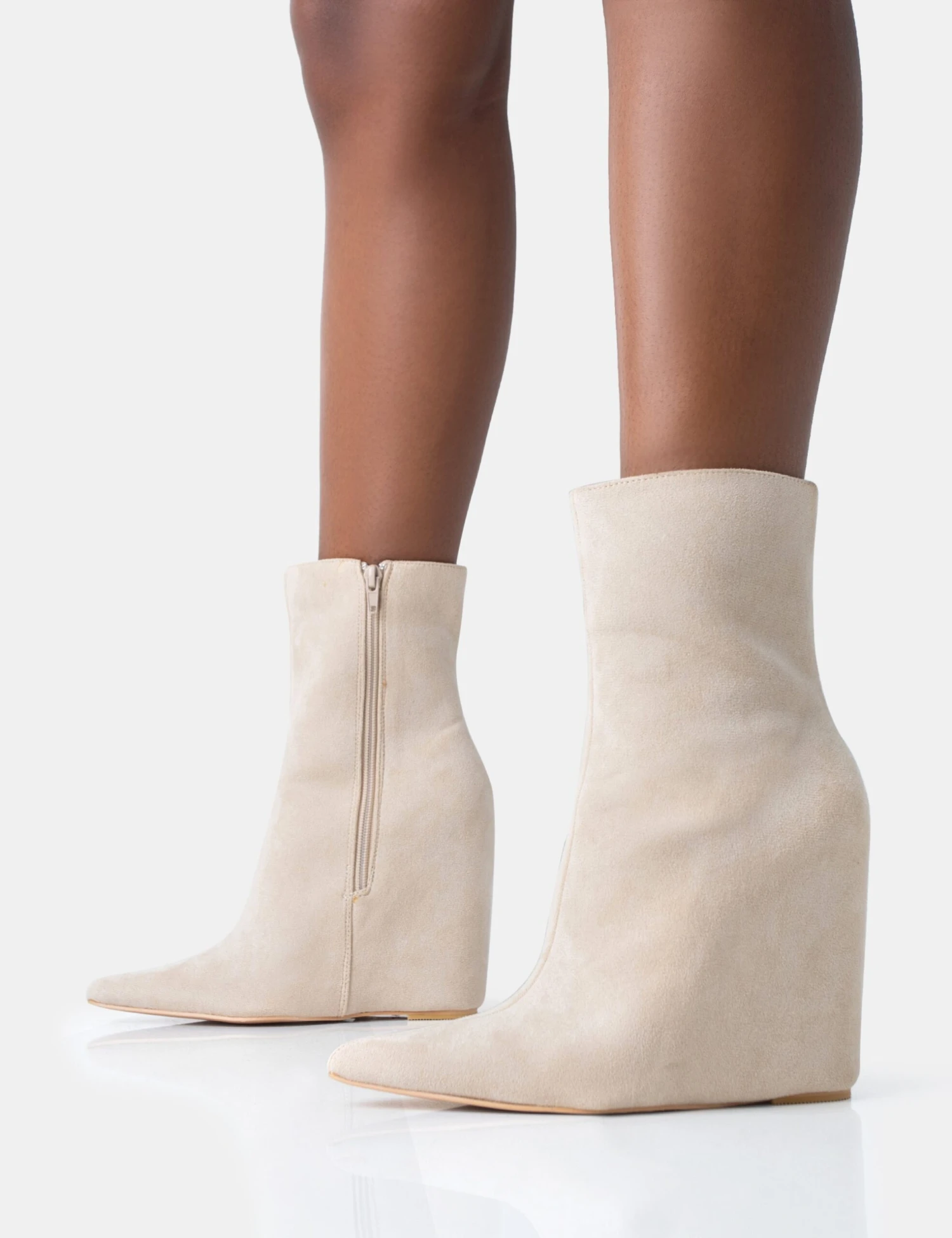 Getaway Beige Faux Suede Wedged Heeled Ankle Boot 3 Getaway Beige Faux Suede Wedged Heeled Ankle Boot - Image 3