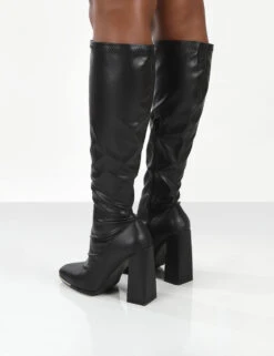 Caryn Black PU Knee High Block Heeled Boot -Boots Store 771A2410