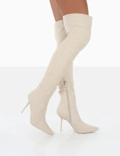 Tianna Natural Linen Pointed Toe Over The Knee Stiletto Boots -Boots Store 771A3468