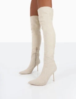 Tianna Natural Linen Pointed Toe Over The Knee Stiletto Boots -Boots Store 771A3472