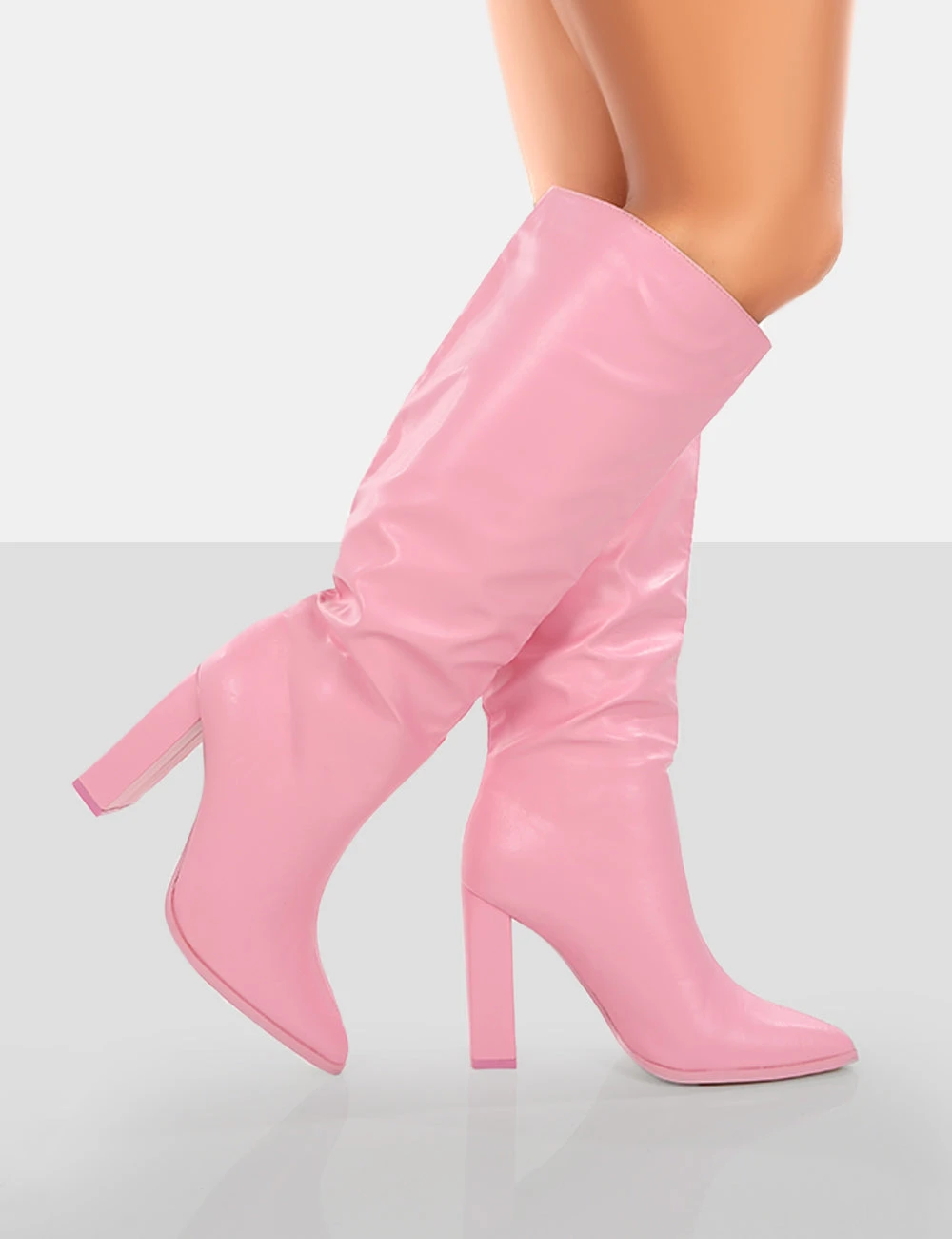 Far Away Pink Grain PU Square Toe Knee High Block Boots 4 Far Away Pink Grain PU Square Toe Knee High Block Boots - Image 4