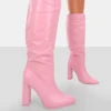 Far Away Pink Grain PU Square Toe Knee High Block Boots