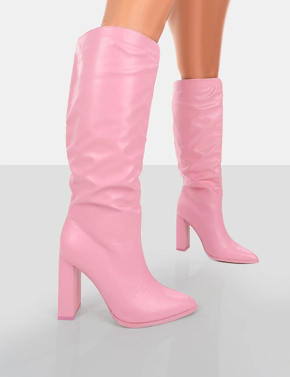 Far Away Pink Grain PU Square Toe Knee High Block Boots 1 Far Away Pink Grain PU Square Toe Knee High Block Boots