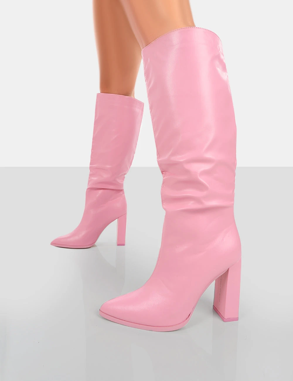 Far Away Pink Grain PU Square Toe Knee High Block Boots 3 Far Away Pink Grain PU Square Toe Knee High Block Boots - Image 3