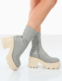 Jennie Grey Pu Platform Chunky Sole Heeled Ankle Boots -Boots Store 771A4491