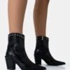 Riley Black Croc Metal Studded Detail Pointed Toe Western Cowboy Block Ankle Boots