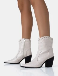 Riley Ecru Croc Metal Studded Detail Pointed Toe Western Cowboy Block Ankle Boots -Boots Store 771A5049
