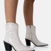 Riley Ecru Croc Metal Studded Detail Pointed Toe Western Cowboy Block Ankle Boots