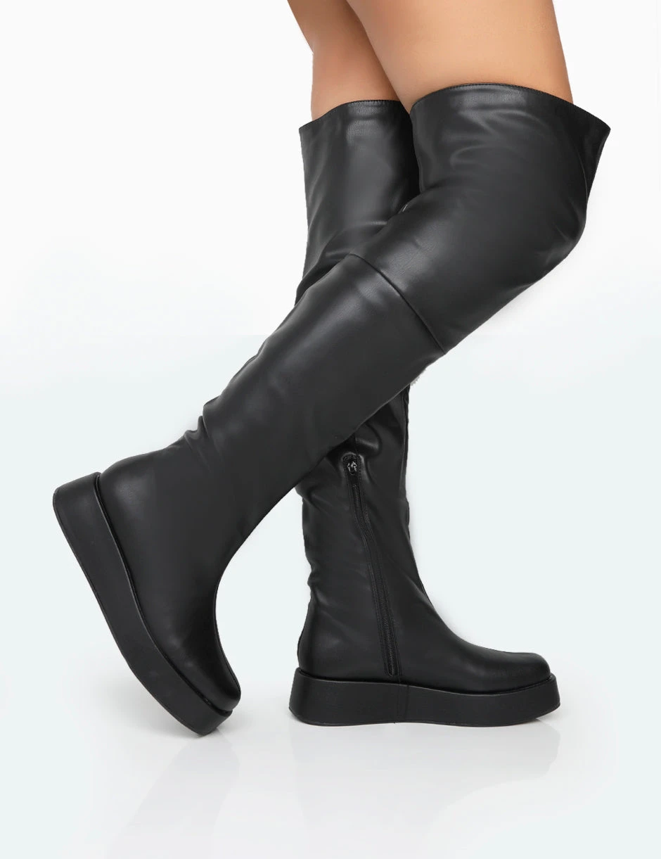 Erica Wide Fit Black Pu Chunky Platform Over The Knee Boots 2 Erica Wide Fit Black Pu Chunky Platform Over The Knee Boots - Image 2