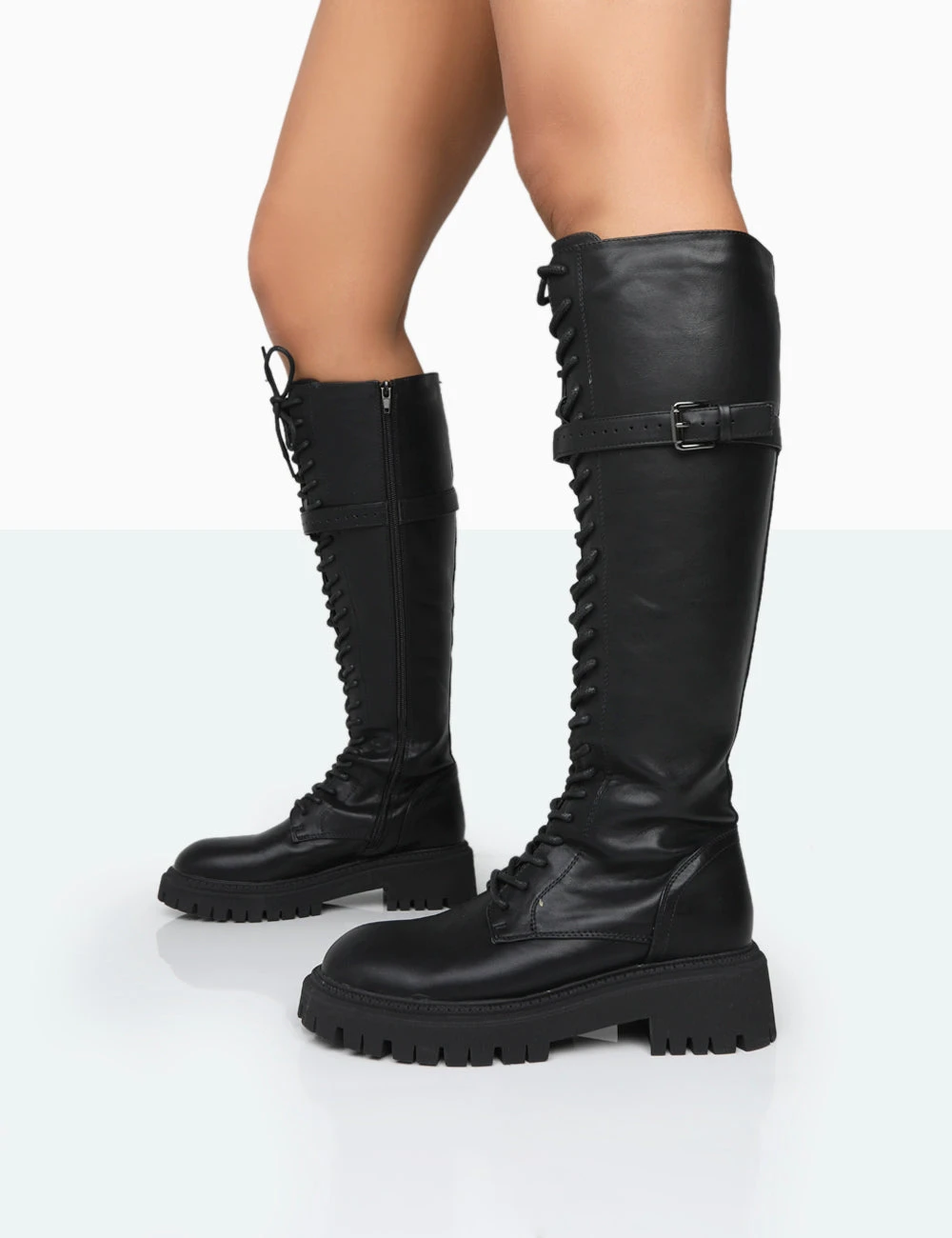 Lainey Black Pu Chunky Sole Lace Up Knee High Boots 2 Lainey Black Pu Chunky Sole Lace Up Knee High Boots - Image 2