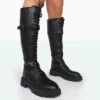 Lainey Black Pu Chunky Sole Lace Up Knee High Boots