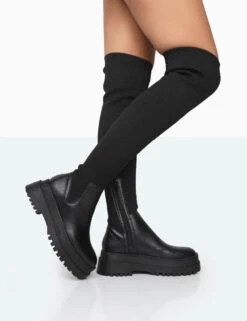 Happier Black Boucle Knit Over The Knee Boots -Boots Store 771A5456