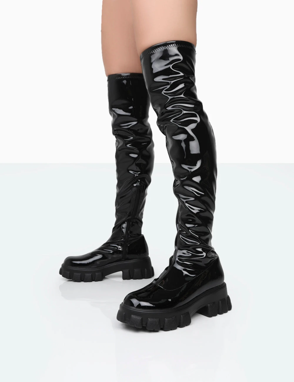 Take Chances Black Patent Chunky Sole Knee High Boots 2 Take Chances Black Patent Chunky Sole Knee High Boots - Image 2