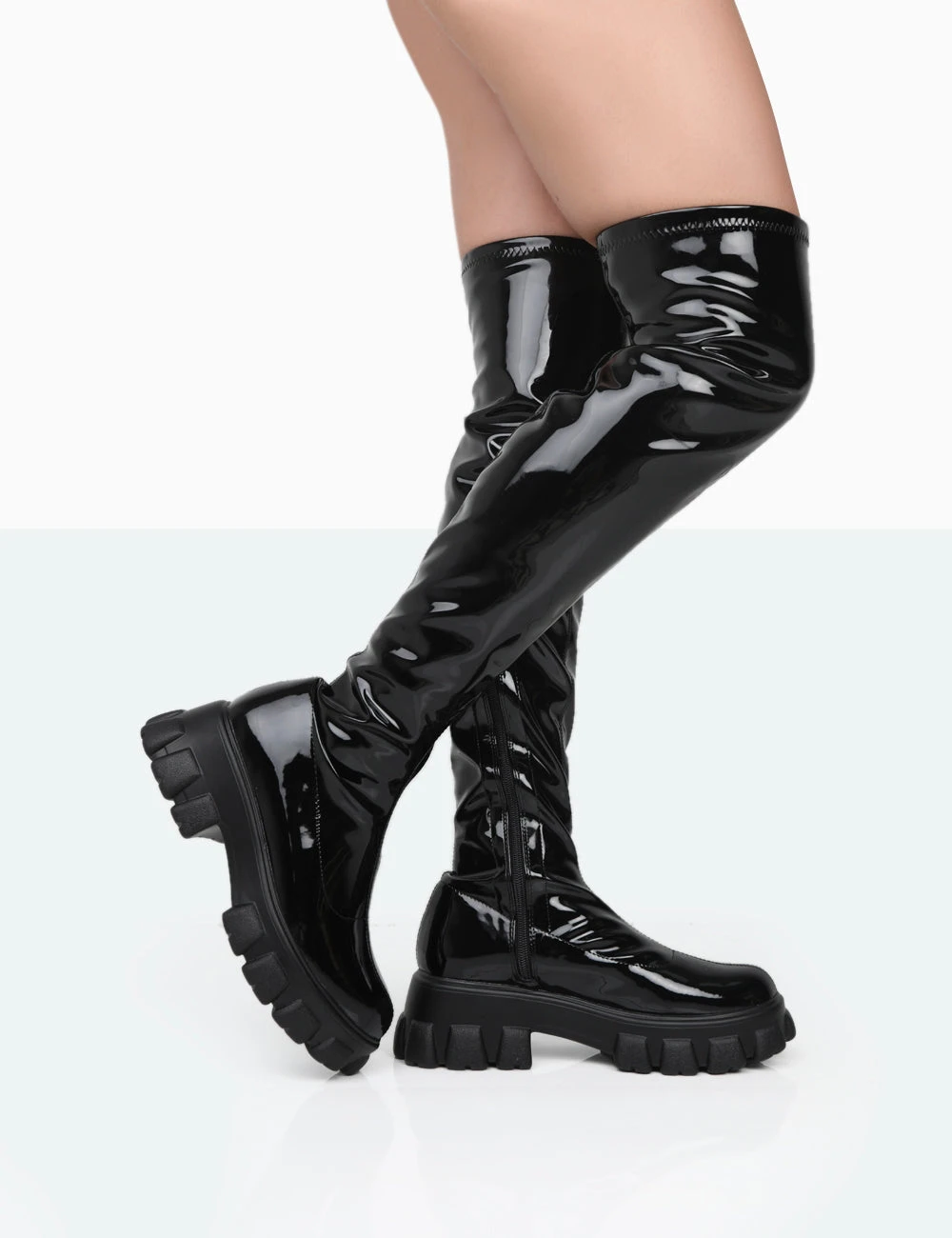 Take Chances Black Patent Chunky Sole Knee High Boots 1 Take Chances Black Patent Chunky Sole Knee High Boots
