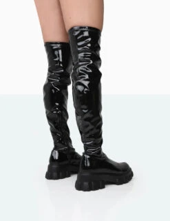 Take Chances Black Patent Chunky Sole Knee High Boots 6 Take Chances Black Patent Chunky Sole Knee High Boots -Boots Store 771A5468