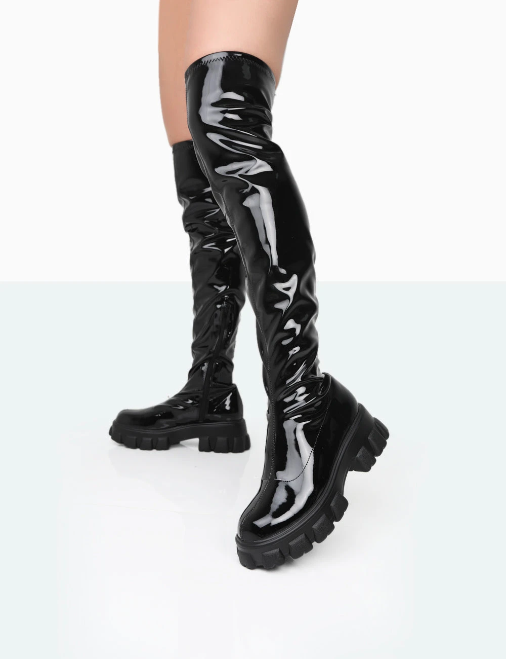 Take Chances Black Patent Chunky Sole Knee High Boots 4 Take Chances Black Patent Chunky Sole Knee High Boots - Image 4