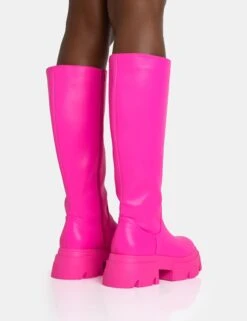 Scorpio Hot Pink Rubberised Pu Rounded Toe Chucky Sole Knee High Boots -Boots Store 771A5578