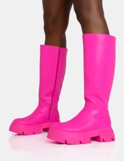 Scorpio Hot Pink Rubberised Pu Rounded Toe Chucky Sole Knee High Boots -Boots Store 771A5579