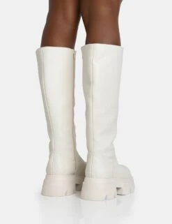 Scorpio Ecru Rubberised Pu Rounded Toe Chucky Sole Knee High Boots -Boots Store 771A5582