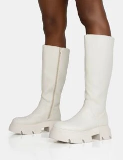Scorpio Ecru Rubberised Pu Rounded Toe Chucky Sole Knee High Boots -Boots Store 771A5583