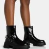 Blizzard Black Pu Silver Metal Buckle Detailed Zip Up Rounded Chunky Sole Ankle Boots