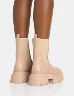 Edgy Taupe Pu Elasticated Ankle Rounded Chunky Sole Ankle Boots -Boots Store 771A5595