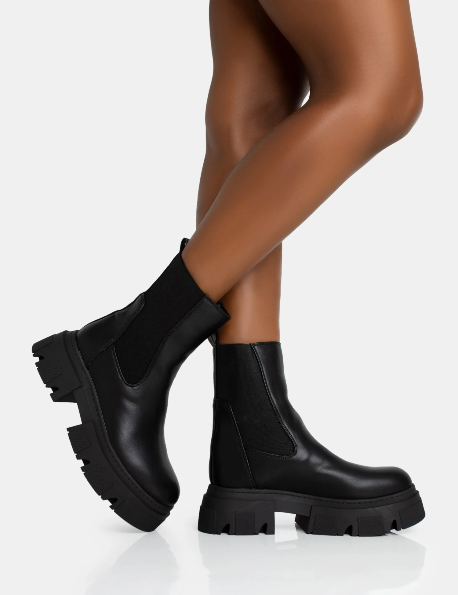 Edgy Black Pu Elasticated Ankle Rounded Chunky Sole Ankle Boots 2 Edgy Black Pu Elasticated Ankle Rounded Chunky Sole Ankle Boots - Image 2