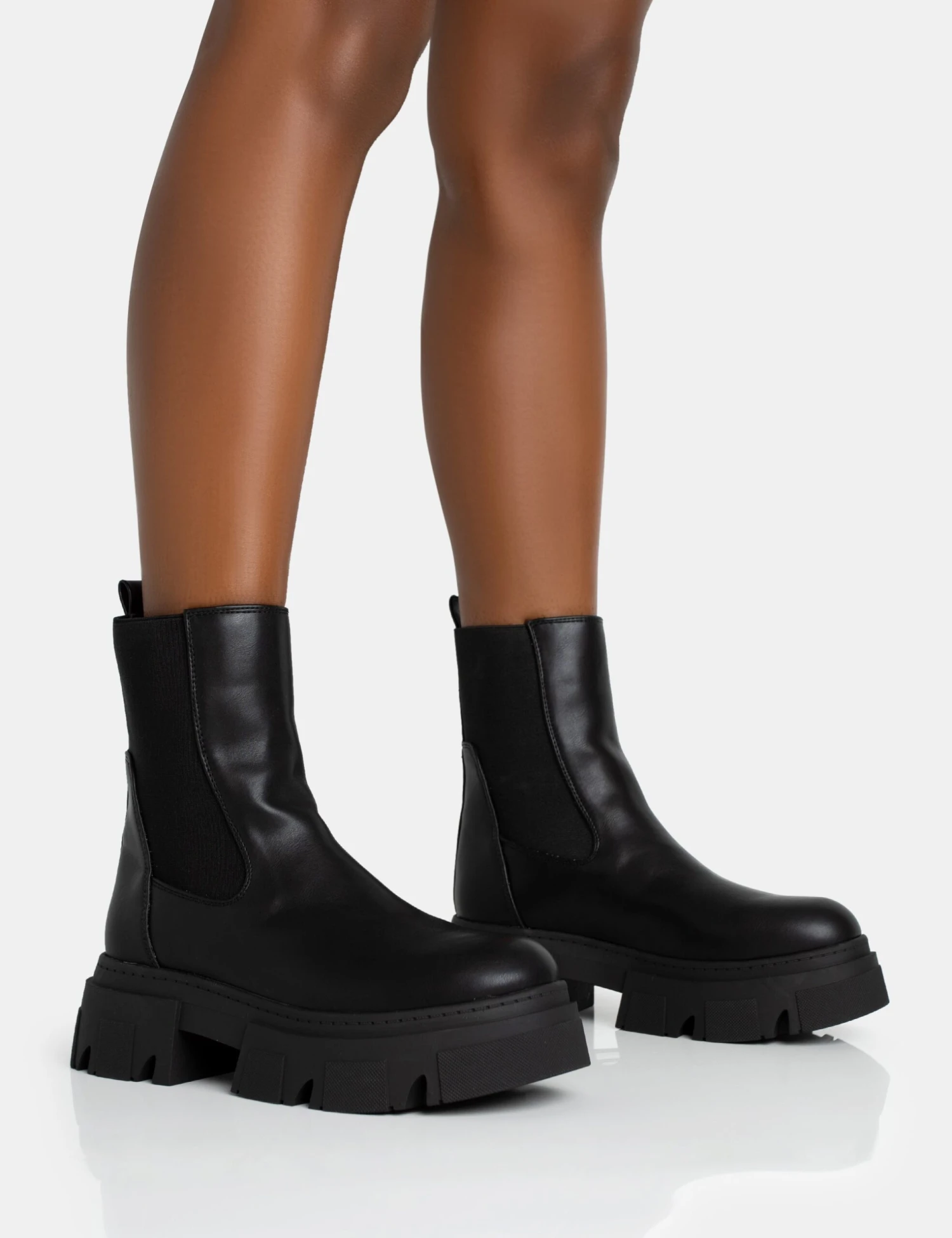 Edgy Black Pu Elasticated Ankle Rounded Chunky Sole Ankle Boots 1 Edgy Black Pu Elasticated Ankle Rounded Chunky Sole Ankle Boots