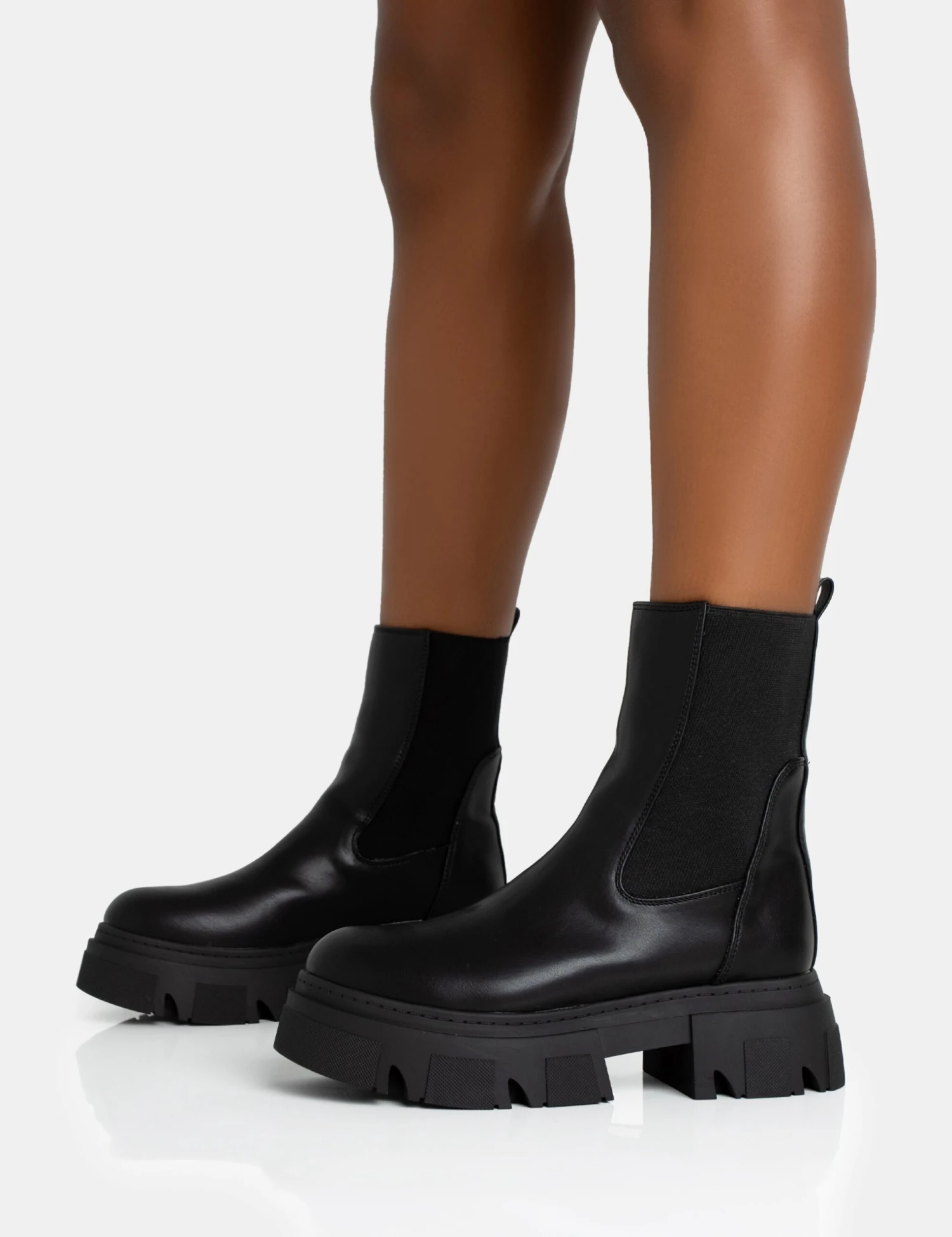 Edgy Black Pu Elasticated Ankle Rounded Chunky Sole Ankle Boots 3 Edgy Black Pu Elasticated Ankle Rounded Chunky Sole Ankle Boots - Image 3